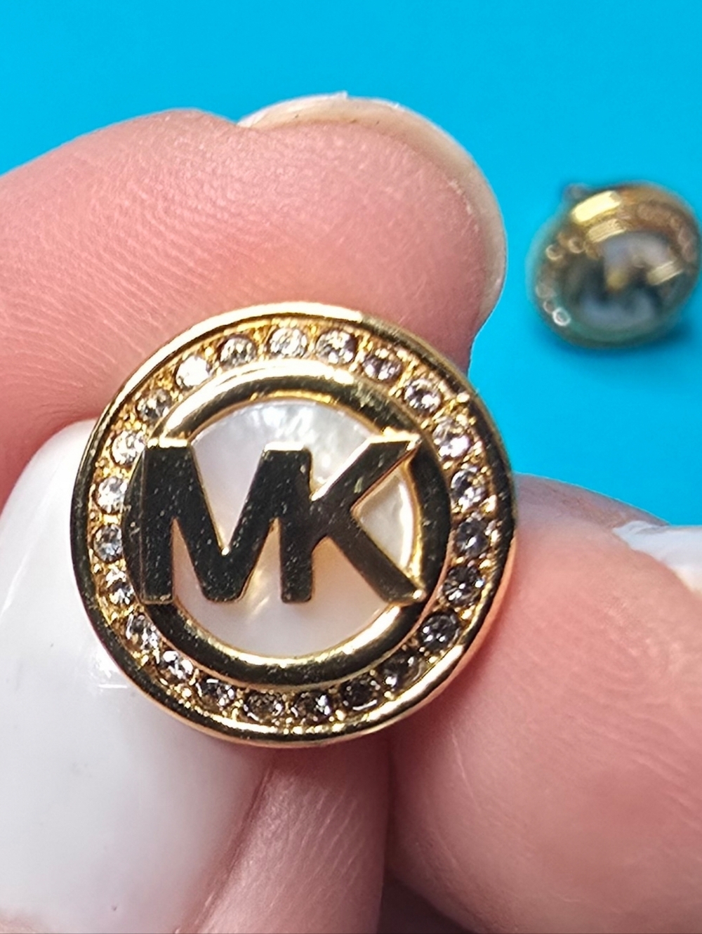 NWT Michael Kors Mother of Pearl Logo Stud Earrings Gold Tone Pave Crystal MK - Picture 2 of 7